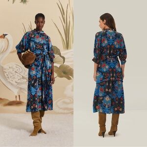 NWT Farm Rio Arabesque Floral Blue Midi Dress XXS